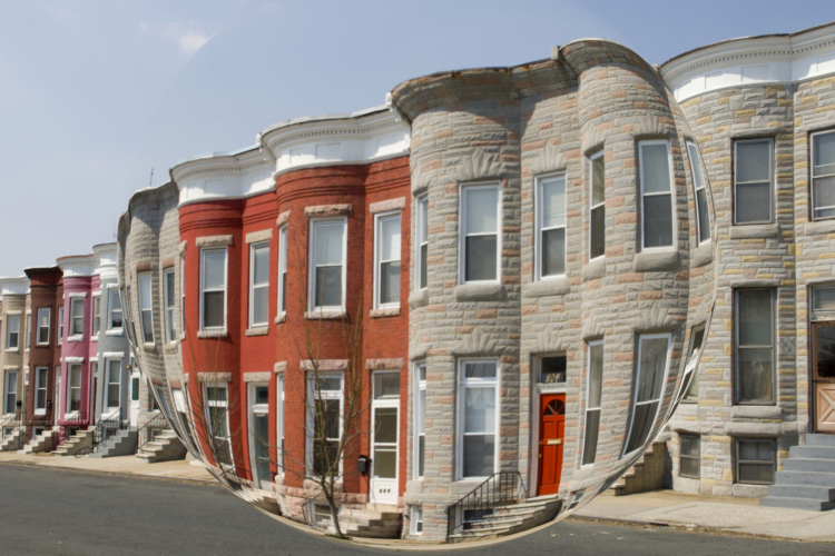 photo of row of townhouses seen through fisheye camera lens